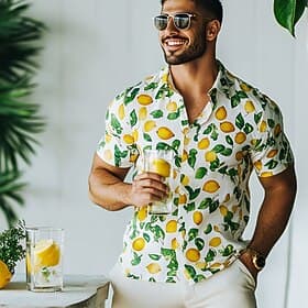 Men's Fruit Lemon Summer Hawaiian Shirt Button Up Shirt Aloha Shirt Short Sleeve Hawaiian Resort Vacation Holiday Beach Wear Summer Spring Turndown 3D Print Co