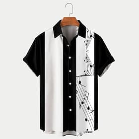 Men's Musical Notes Summer Shirt Bowling Shirt Button Up Shirt Short Sleeve Fashion 1950s Casual Daily Music Festival Summer Turndown Print Blue Black Pink Gre