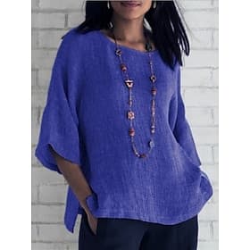 Damen Hemd 100% Baumwolle Bluse Einfarbig Basic Lässig Dreiviertelarm Rundhalsausschnitt Normale Oberteile Täglich Blau Gras-Grün Schwarz Weiß Hellgrün Sommer