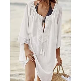 Women's Swimwear Cover Up Beach Dresses Swimsuit Tie Front Vacation Beach Wear Solid Color V Neck Long Sleeve