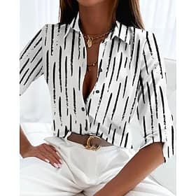 Chemise Femme À Manches Longues Blouse Boutonnée Basique Rayée Imprimé Boutons Regular Tops Chemisier Col Décontracté Noir Blanc Printemps Automne
