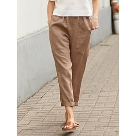 Women's Cotton Blend Chinos Summer Pants Fashion Streetwear Full Length High Waist Plain Pocket Elastic Waistband Comfy Soft Comfortable Micro-elastic Outdoor