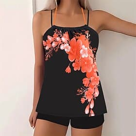 Women's Tankini Two Piece Swimsuit Backless Criss Cross Swimwear Floral Swimwear Pink Sky Blue Breathable Quick Dry Lightweight Sleeveless - Swimming Surfing B
