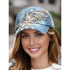Women's Floral Embellished Denim Baseball Cap with Rhinestone and Beaded Details – Trendy Casual Hat for Outdoor, Daily Wear and Summer