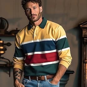 Per uomo A righe Polo da rugby Manica Lunga Magliette polo Camicie con Colletto Casual All'aperto Athleisure Stampa 3D Primavera Autunno Inverno Blu Giallo Ver