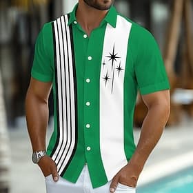 Homme Rayé Formes Géométriques Chemise de quilles Chemise boutonnée Manche Courte Mode Décontractée Vacances Sport extérieur Tenues de plage Eté Printemps Col