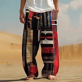 Men's Color Block Patchwork Geometric Pattern Trousers Casual Pants Drawstring Elastic Waist Hawaiian Ethnic Vintage Retro Outdoor Streetwear Vacation Side Poc