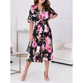 Women's Normal Jumpsuit Active Floral Half Sleeve V Neck High Waist Vacation Daily Regular Fit Black Summer