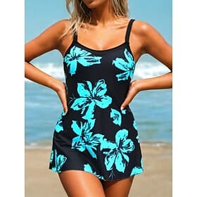 Damen Übergröße Badeanzug Tankini 2 Stück Schwimm-Kleid Bademode 2 teilig Sommer Blumen Gurt Ärmellos Badeanzüge
