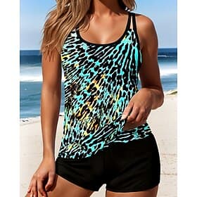 Women's Tankini 2 Piece Swimsuit Leopard Boy Leg Backless Vacation Beach Wear Polka Dot U Neck Sleeveless Bathing Suits
