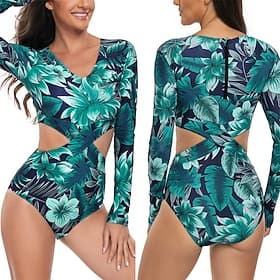 Women's Rash Guard One Piece Swimsuit Floral Printed Cut Out UV Sun Protection Quick Dry Lightweight Long Sleeve Bodysuit Bathing Suit Surfing Beach Water Spor