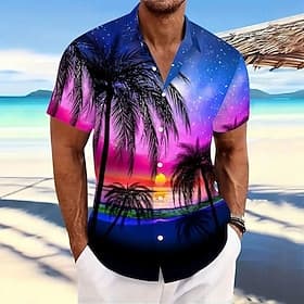 Men's Coconut Tree Starry Sky Summer Hawaiian Shirt Button Up Shirt Aloha Shirt Short Sleeve Hawaiian Resort Vacation Holiday Beach Wear Summer Spring Turndown