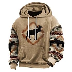 Men's Reindeer Tribal Graphic Prints Hoodie Hoodies Sweatshirt Daily Ethnic Casual Long Sleeve Hooded Holiday Going out Streetwear Blue Sky Blue Khaki Gray Pri