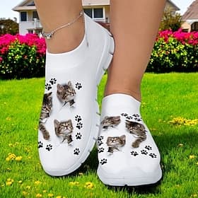 Women's Cat and Cat Paw Print Flyknit Sneakers - Lightweight Breathable Casual Shoes for Fitness and Everyday Wear