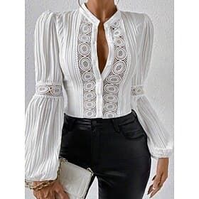Damen Hemd Boho-Hemd Bluse Spitze Patchwork Knöpfe Einfarbig Stilvoll Lässig Langarm Hoher Ausschnitt Normale Oberteile Täglich Weiß Beige Sommer Frühling