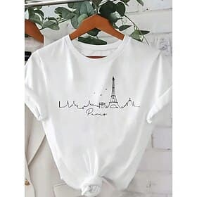Women's T Shirt Cotton Shirt Print Letter Casual Short Sleeve Round Neck Regular Tops Daily Black White Summer