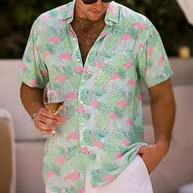 Men's Flamingo Tropical Plants Summer Hawaiian Shirt Button Up Shirt Aloha Shirt Short Sleeve Hawaiian Resort Vacation Holiday Beach Wear Summer Spring Turndow