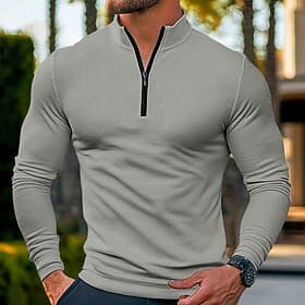 Men's Waffle Polo Shirts Textured Outdoor Causal Quarter Zip Long Sleeve Fashion Modern Solid Color Knitted Spring   Fall Tailored Fit Light Blue Black White D