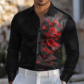 Men's Rose Floral / Flower Satin Shirt Dress Shirt Button Up Shirt Long Sleeve Fashion Casual Wedding Vacation Evening Party Summer Spring Turndown Collared Sh