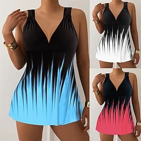 Women's Tankini Two Piece Swimsuit Deep V Swimwear Swimwear Blue White Quick Dry Lightweight Breathable Sleeveless - Surfing Beach Swimming Summer Spring