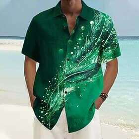 Herren Funkelnder Glitzer Feder Hemd Knopfhemd Kurzarm Vintage-Retro Urlaub Lässig Sommer Frühling Umlegekragen 3D-Druck Hemden mit Kragen Purpur Grün Dunkelbl