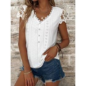 Women's White Elegant Lace Tops Eyelet Blouse Casual Solid Color Regular Tops Short Sleeve V Neck Lace Patchwork Buttons Regular Fit Daily Romantic Petite Tops