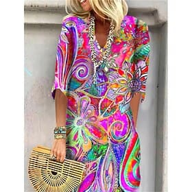 Damen Mini Kleid T-Shirt Kleid Shift Kleid Sommer Kleid Druck Kleid Aktive Mode Streetwear Outdoor Urlaub Arbeit Reguläre Passform Floral Paisley Halbarm V-Aus