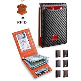 Men's RFID-Blocking Wallet – Premium Cowhide Leather with Slim Design, Multiple Card Slots, and Cash Compartment for Travel and Everyday Use Color Black orange