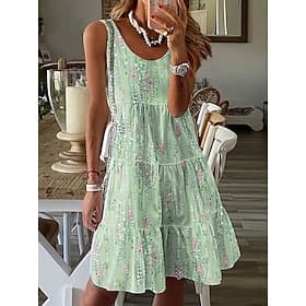 Dames Mini Jurk Petite Jurk Zomerkleed Shift Jurk Tank Jurk Actieve Tropische Mode Buiten Vakantie Feest Regulair Fit Bloemen Bohemian Mouwloos U-Hals Roze Bla