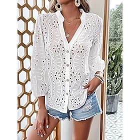 Women's Shirt Blouse Eyelet Plain Stylish Casual Long Sleeve V Neck Regular Tops Daily White Spring Fall