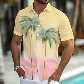 Men's Coconut Tree Gradient Color Tropical Plants Summer Hawaiian Shirt Button Up Shirt Aloha Shirt Short Sleeve Hawaiian Resort Vacation Holiday Beach Wear Su