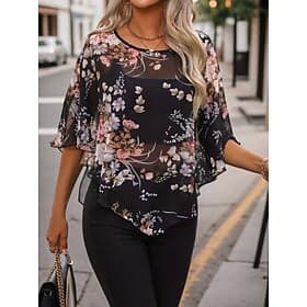 Women's Shirt Blouse Mesh Print Floral Stylish Casual 3/4 Length Sleeve Crew Neck Regular Tops Daily Black Summer