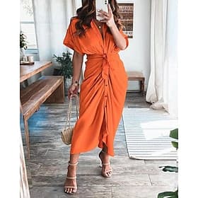 Femmes Robe Longue Maxi Robe Robe Chemise Robe Décontractée Robe d'été Élégant Occasionnel Quotidien Vacances Date Coupe régulière Uni Manche Courte Revers Noi