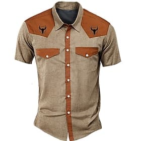Men's Solid Color Color Block Western Shirt Short Sleeve Western Sports Outdoor Summer Turndown Button Up 2 Pockets Blue Black Beige