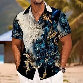 Herren Blumendruck Blume Hemd Knopfhemd Kurzarm Modisch lässig Urlaub Ferien Strandbekleidung Sommer Frühling Umlegekragen Hemden mit Kragen Blau
