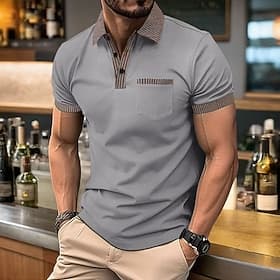 Men's Business Polo Golf Shirt Business Casual Lapel Classic Short Sleeve Color Block Stripes Buttons Summer Spring   Fall Black Red Navy Blue Gray Business Po