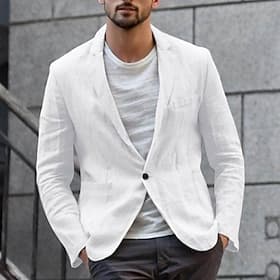 Men's Linen Blazer Blazer Business Cocktail Party Wedding Party Fashion Casual Spring Autumn / Fall Linen Cotton Blend Solid Color Pocket Buttons Comfortable S