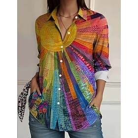 Women's Shirt Linen Like Breathable Lightweight Button Down Tunic Shirt Collar Long Sleeve Floral Casual Regular Tops Work Daily s Print Grass Green Wine Red P