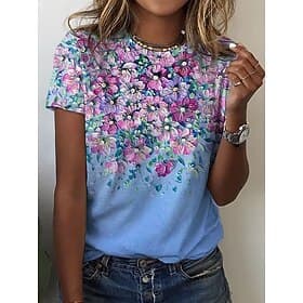 Damen T Shirt Druck Blumen Lässig Kurzarm Rundhals Normale Oberteile Täglich Blau Rosa Grün Sommer