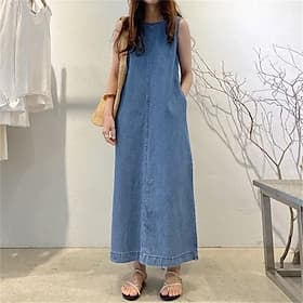 Women's Long Dress Maxi Dress Denim Dress Casual Dress Summer Dress Fashion Outdoor Holiday Date Regular Fit Plain Sleeveless Crew Neck Blue Black Dark Blue Su