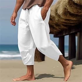 Men's Capri Pants Linen Pants Drawstring Pocket Elastic Waist Plain Comfort Breathable Calf-Length Daily Beach Vacation Hawaiian Boho ArmyGreen Black