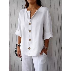 Women's 100% Cotton Shirts Button Up Blouse Buttons Solid Color Basic Casual 3/4 Length Sleeve V Neck Regular Tops Daily Black White Red Khaki Summer