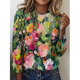 Women's T shirt Long Sleeve Crew Neck Long Sleeve Tunic Floral Elegant Vintage Regular Tops Daily Going out Weekend Print Army Green Prefall