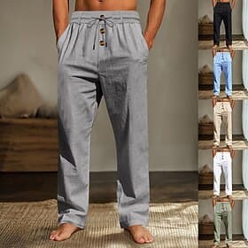Men's Linen Pants Trousers Summer Pants Beach Pants Drawstring Elastic Waist Straight Leg Plain Comfort Breathable Full Length Casual Daily Home Fashion Classi