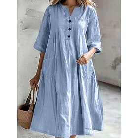 Women's 100% Cotton Midi Dress Casual Dress Linen Dress A Line Dress Summer Dress Solid Color Basic Casual Vacation Daily Regular Fit Graphic 3/4 Length Sleeve