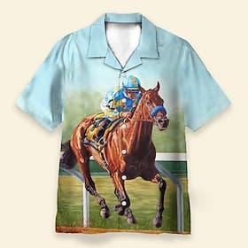 Kentucky Derby Men's Horse Racing Shirt Cuban Collar Shirt Short Sleeve Vintage Retro Vacation Holiday Festival Summer Spring Camp Collar Shirt 3D Print Funny