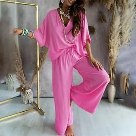 Women's Linen-Inspired Sets Two Piece Sets T Shirt Linen Pants Pants Trousers Half Sleeve V Neck Solid Color Fashion Streetwear Daily Wear Date White Pink Oran