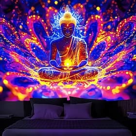 Blacklight Tapestry Glow in the Dark Glow Party UV Reactive Trippy Misty Buddha Nature Landscape Hanging Tapestry Wall Art Mural for Living Room Bedroom