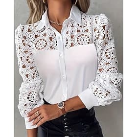 Women's Blouse Eyelet top Lace Tops Hollow Out Buttons Plain Daily Stylish Basic Long Sleeve Shirt Collar Regular Tops Daily Work Holiday White Spring Fall
