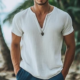 Men's T Shirt Cotton Linen T Shirt Tee Top Short Sleeves V Neck Summer Solid Color Fashion Designer Basic V Neck Vacation Street Going out White Top Tee for Me